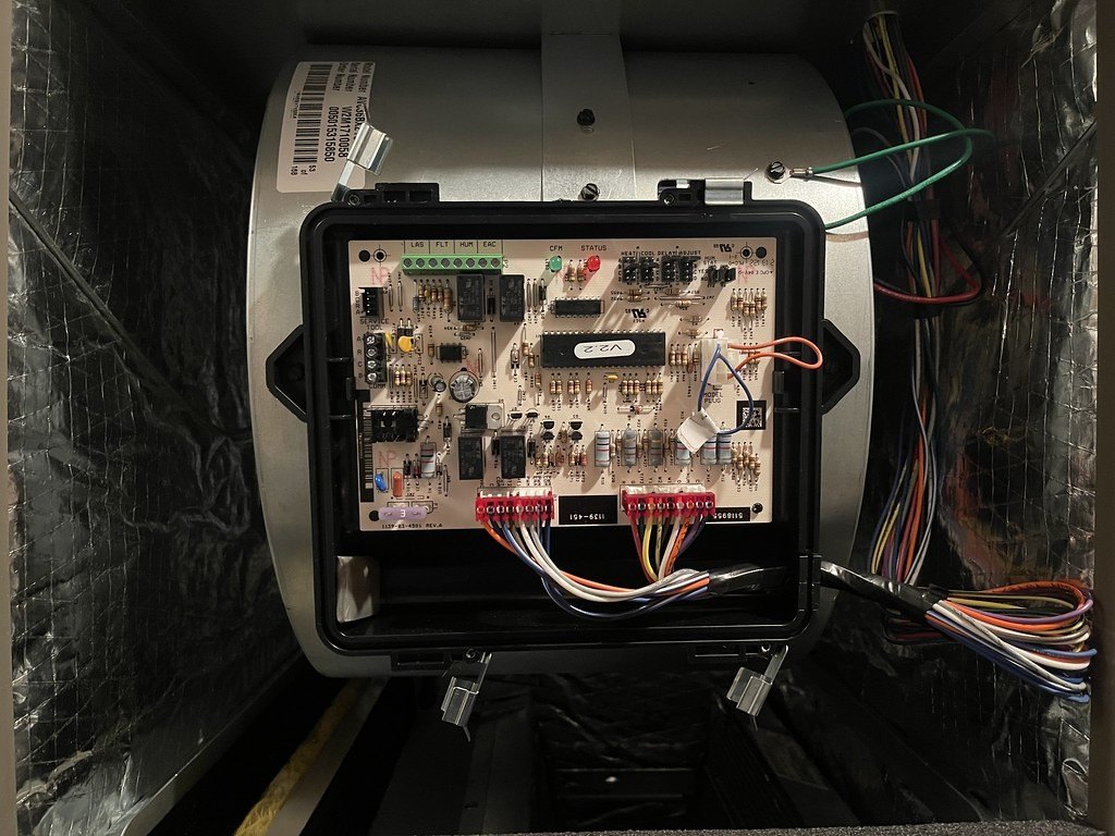 Control board and low-voltage wiring inside an HVAC unit