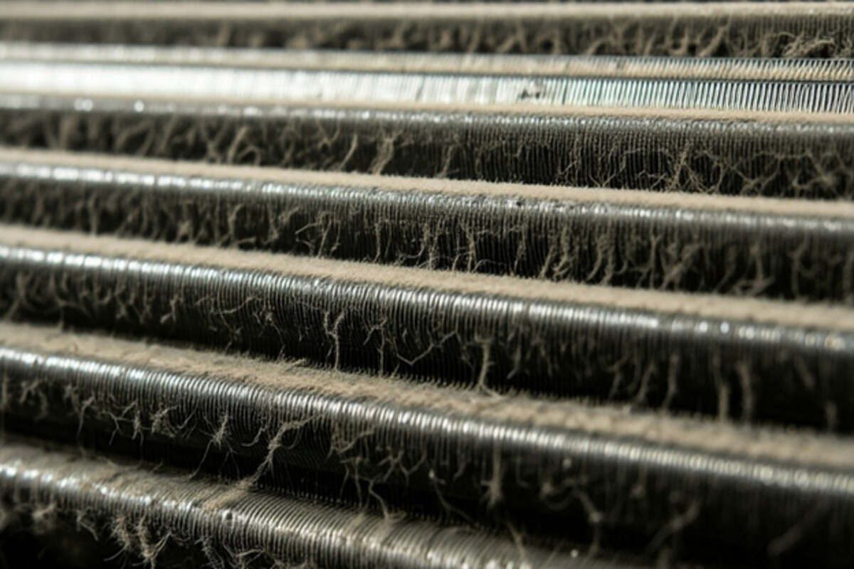 Dust and lint packed into the fins of an evaporator coil